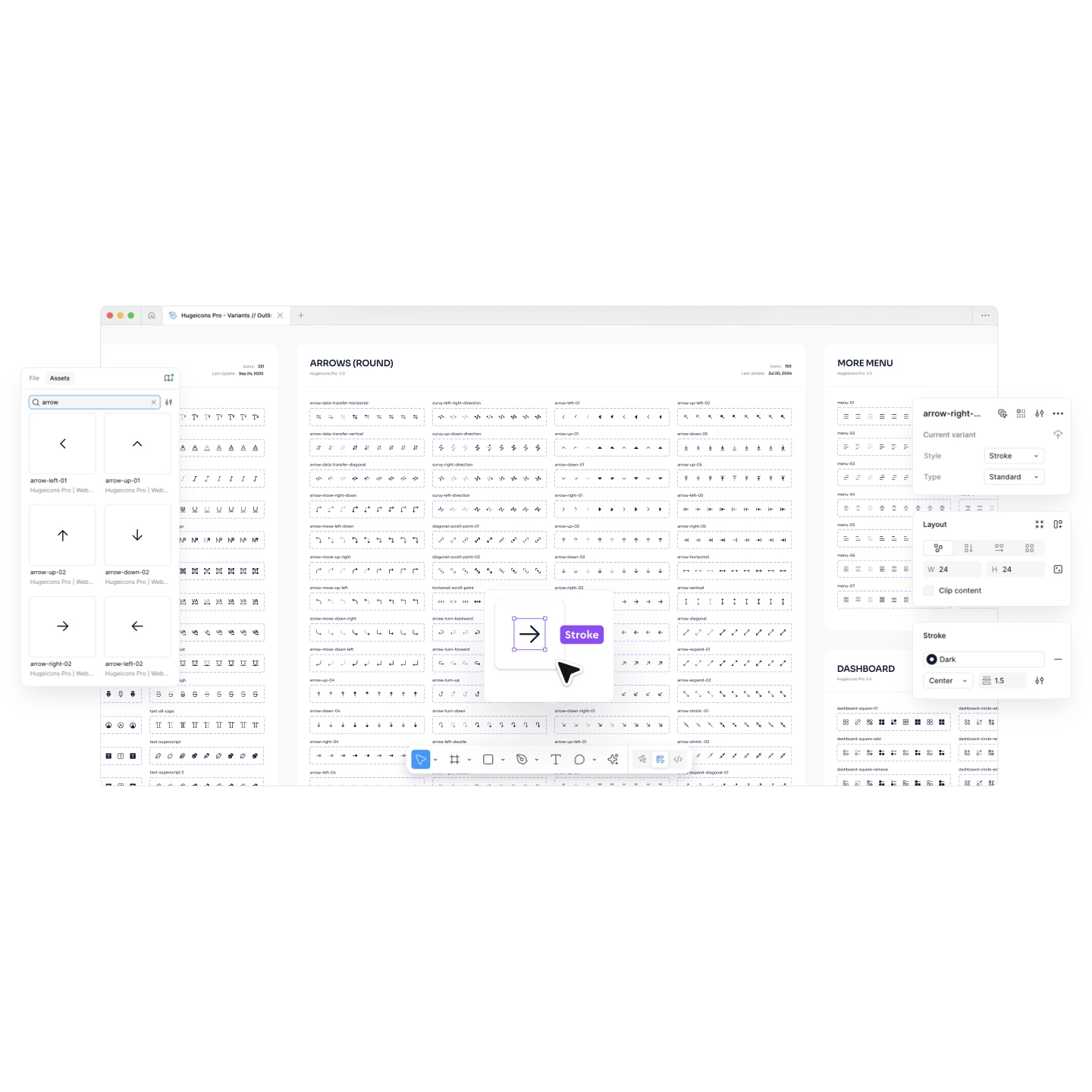 Hugeicons Pro Figma interface showing 40,000+ customizable icons